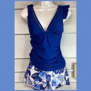 Royal Blue V-Neck Tankini Top with Floral Swim Shorts.49